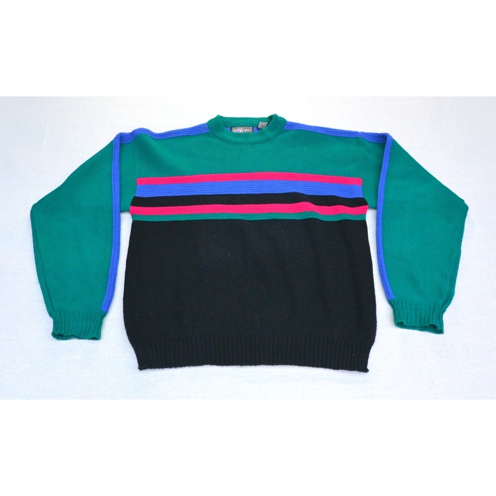Anchor Blue Vintage 90s Size L Colorblock Crewneck Sweater Teal Green Black Cozy